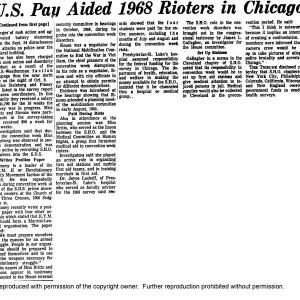 “1968 rioters in city aided by U.S. Pay,” Chicago Tribune December 8, 1969