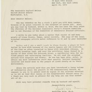 Letters between Mathilde Krim and Senator Gaylord Nelson regarding Sanguine transmitter April-May, 1973