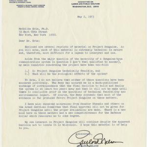 Letters between Mathilde Krim and Senator Gaylord Nelson regarding Sanguine transmitter April-May, 1973