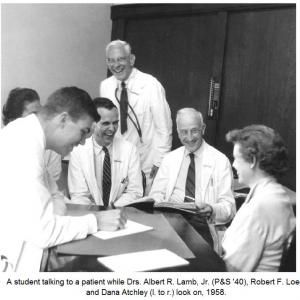 A student talking to a patient while Drs. Lamb Jr., Loeb, and Atchley look on, 1958