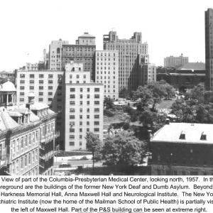 view of part of the Columbia-Presbyterian Medical Center, looking north, 1957