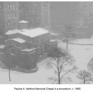 Hartford Memorial Chapel in a snowstorm, c. 1960