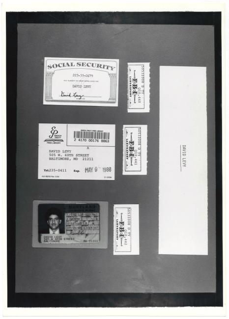 Photographs of evidence seized by the FBI. Fraudulent documents. Berkman as alias “David Levy,” 1985 .
