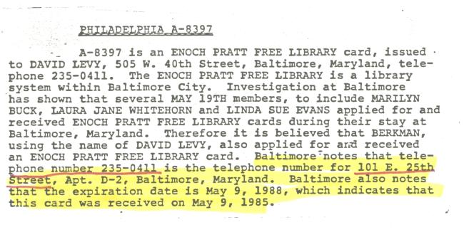 Detail from FBI document referring to Alias “David Levy” library card, 1985