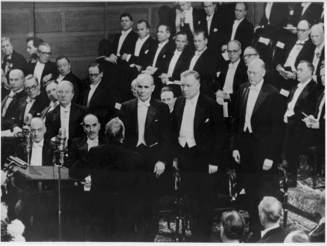 Nobel Prize ceremony, (left to right) André Cournand , Werner Forssmann, and Dickinson W. Richards, Stockholm, December 1956.